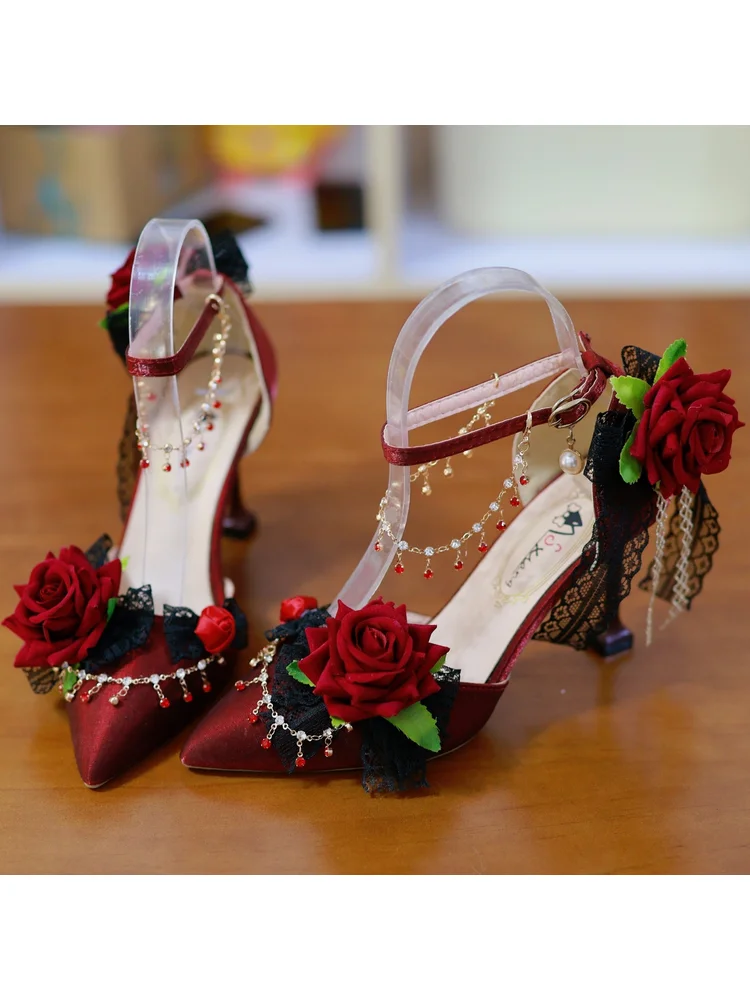 

Туфли ручной работы для девочек в стиле Лолита, готические, темно-розовые, на высоком каблуке с острым носком, для свадьбы и чаепития