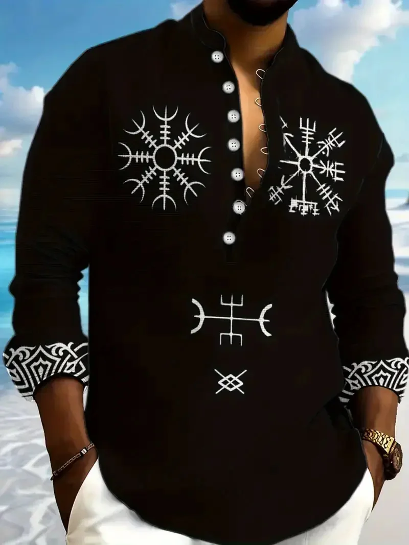 

New Men's Viking Style Long Sleeve Shirt Button Fit Summer Beach Hawaiian Casual Suit Long Sleeve Shirt