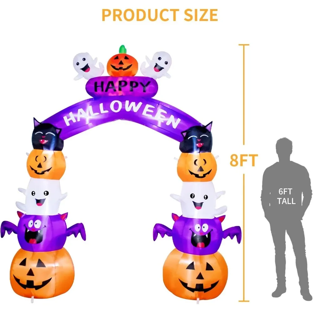 8FT Halloween Stacked Pumpkin Arch Inflatable Decoration with LED Lights for Outdoor