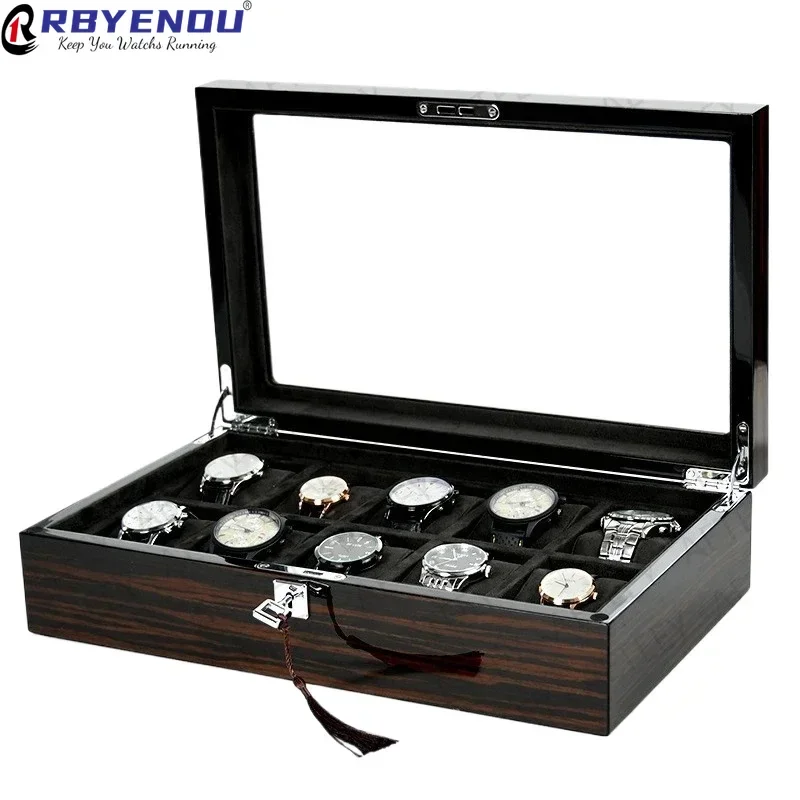 OEM Ebony Bark Watch Display Lock Case 3 6 10 15 Slot Wooden Watch Box Piano Baking Varnish Watch Organizer Customizable Logo