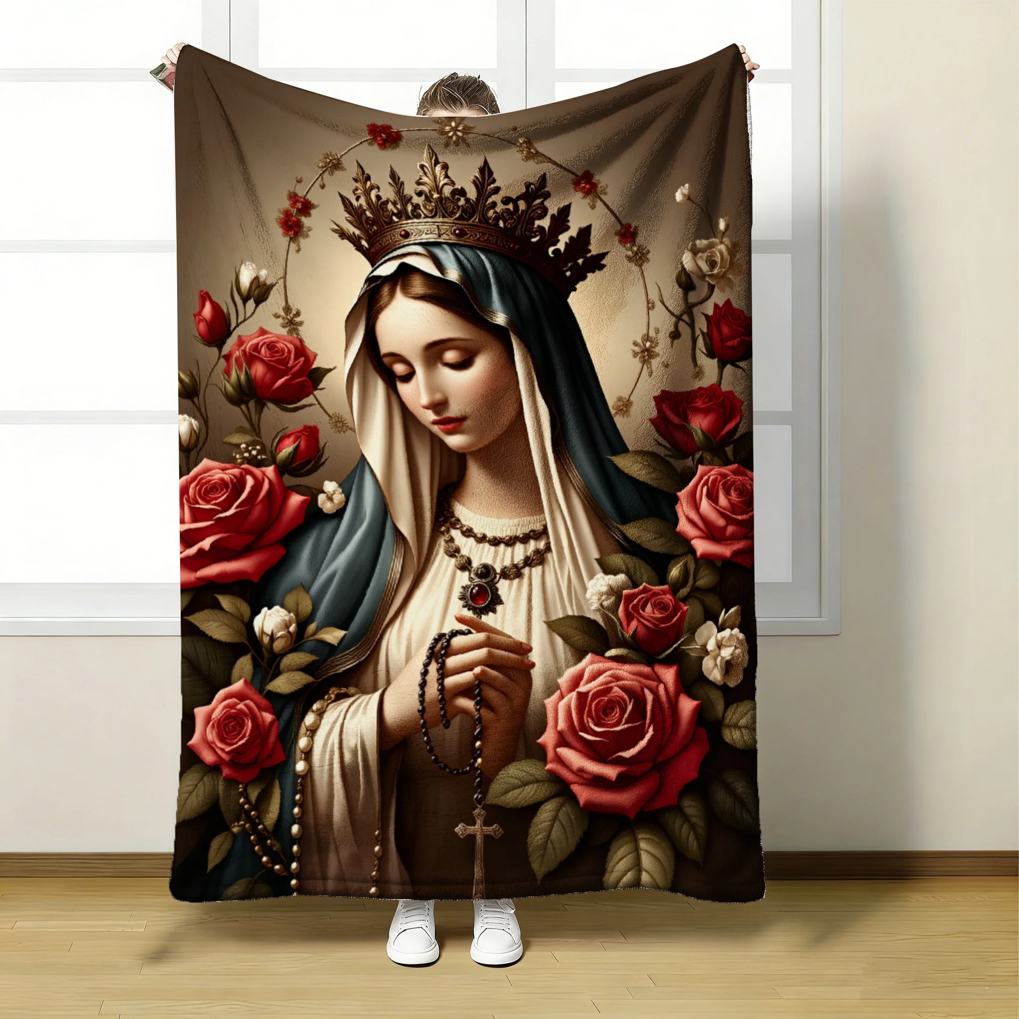 1 Stück Virgin Mary Roses Vielseitige Überwurfdecke, weiche, leichte Ganzjahresdecke für Couch, Bett, Büro und Reisen, ideal, 280 g/m²