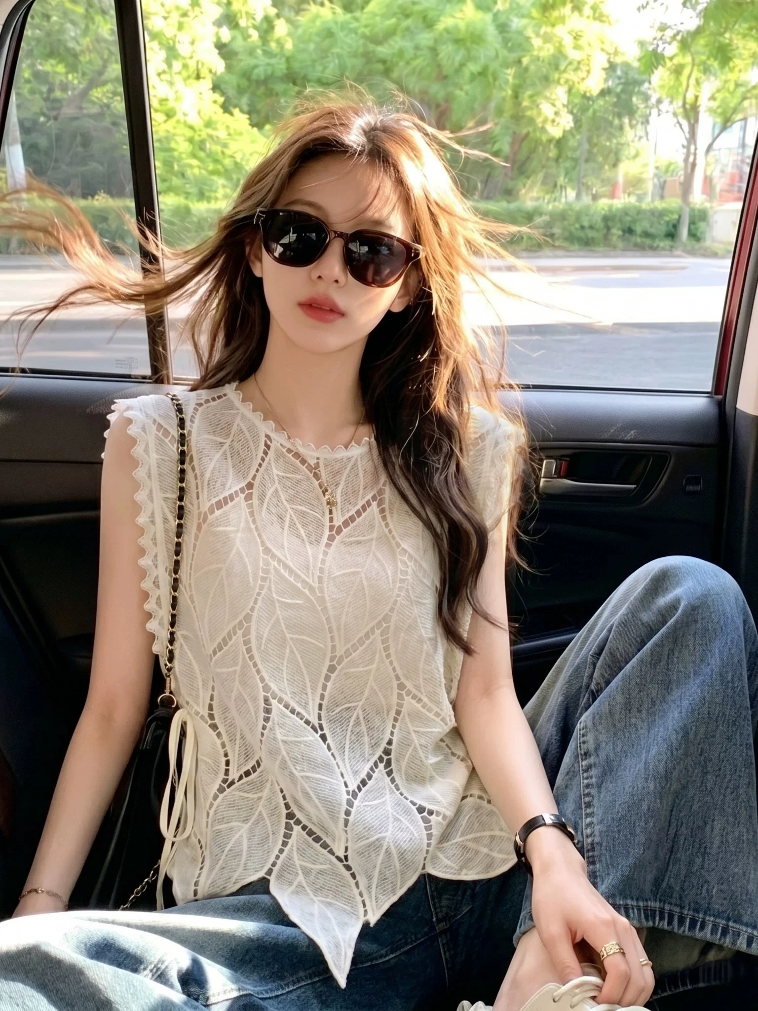 Chic Hollow out Hook Embroidery Tank Top Women's Summer New plus Size Casual Sleeveless Outerwear round Neck Vest