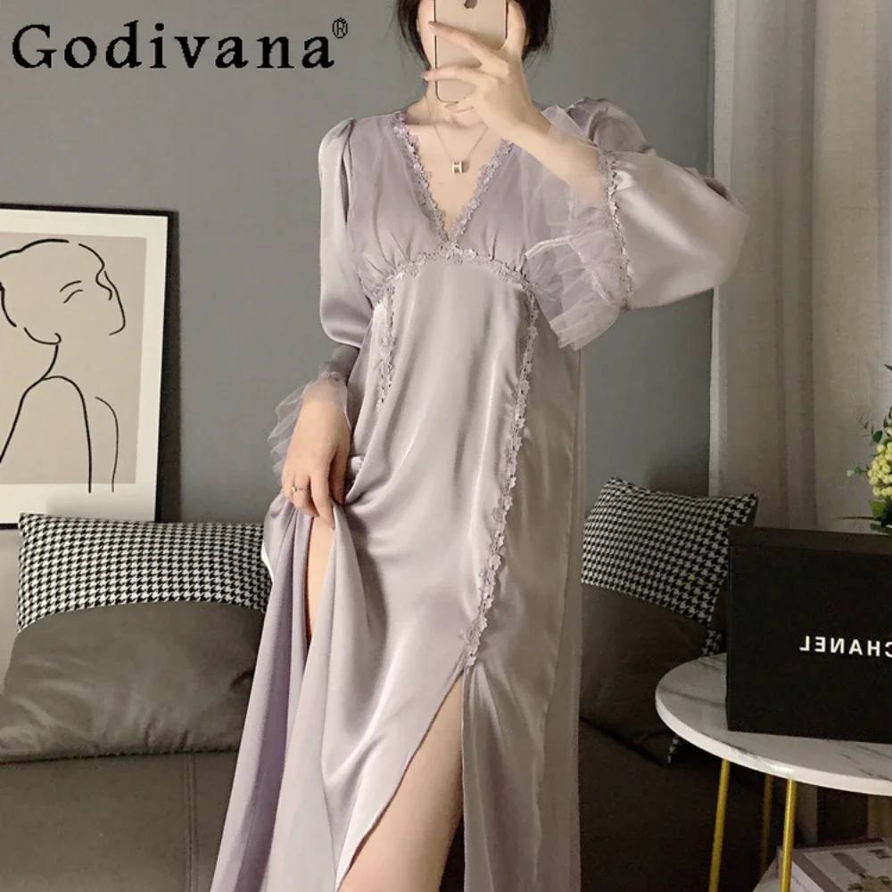 

Women's Sleepwear Court Style Ice Silk Pajamas Spring Autumn Long Sleeve Nightdress Lace Sexy Long Dress Homewear