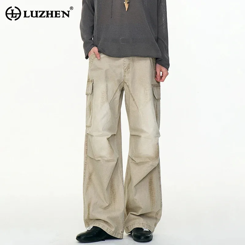 

LUZHEN Original Vintage Wornout Gradient Washed Straight Casual Pants Men's Fashion 2025 Pockets Decorate Cargo Trousers JY3442