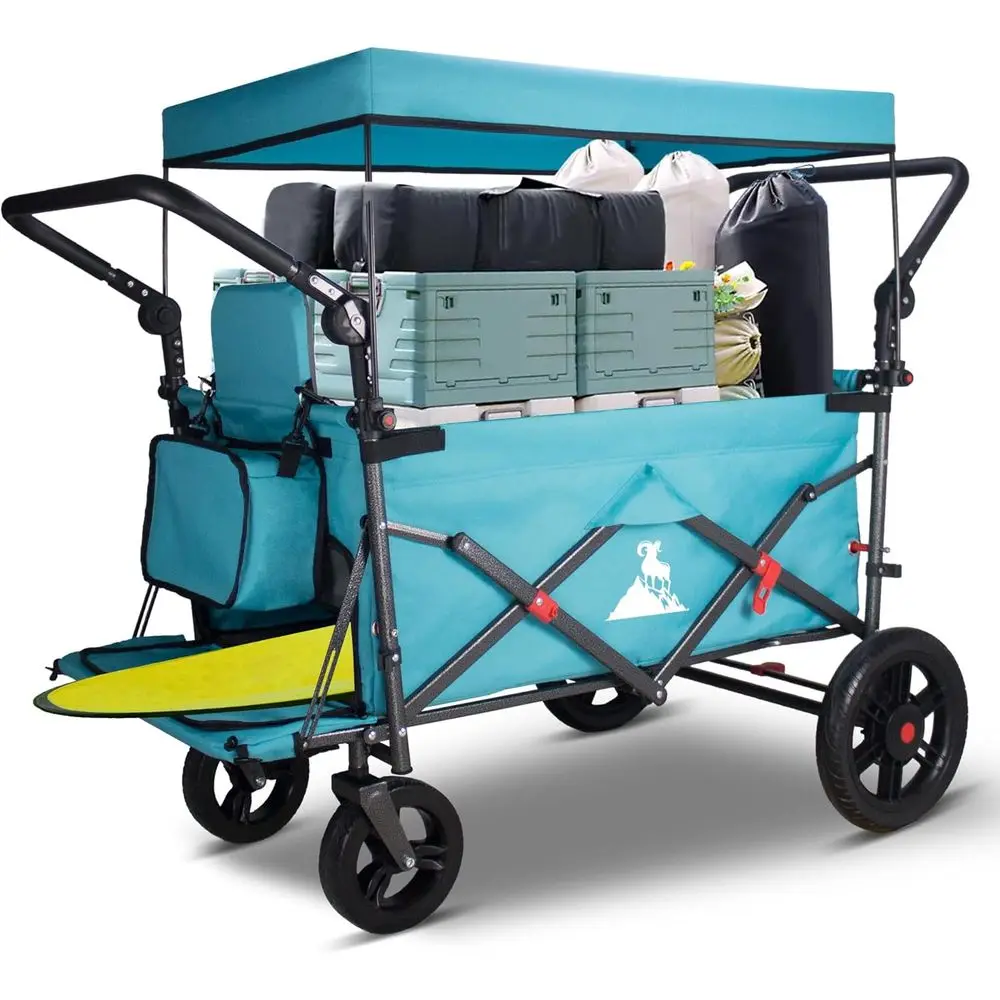 

Collapsible Utility Wagon with 2 Seats, Adjustable Handle, Ideal for Camping, Picnics, and Shopping - Turquoise/Grey