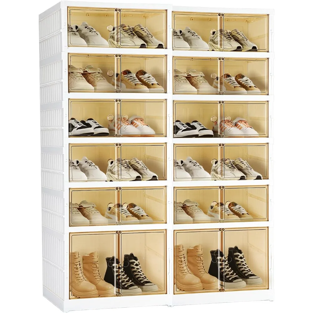 6 Tier Foldable Shoe Rack Organizer, 24 Pairs Shoe Box for Entryway, Free Standing Shoe Shelf Cabinet with Lid