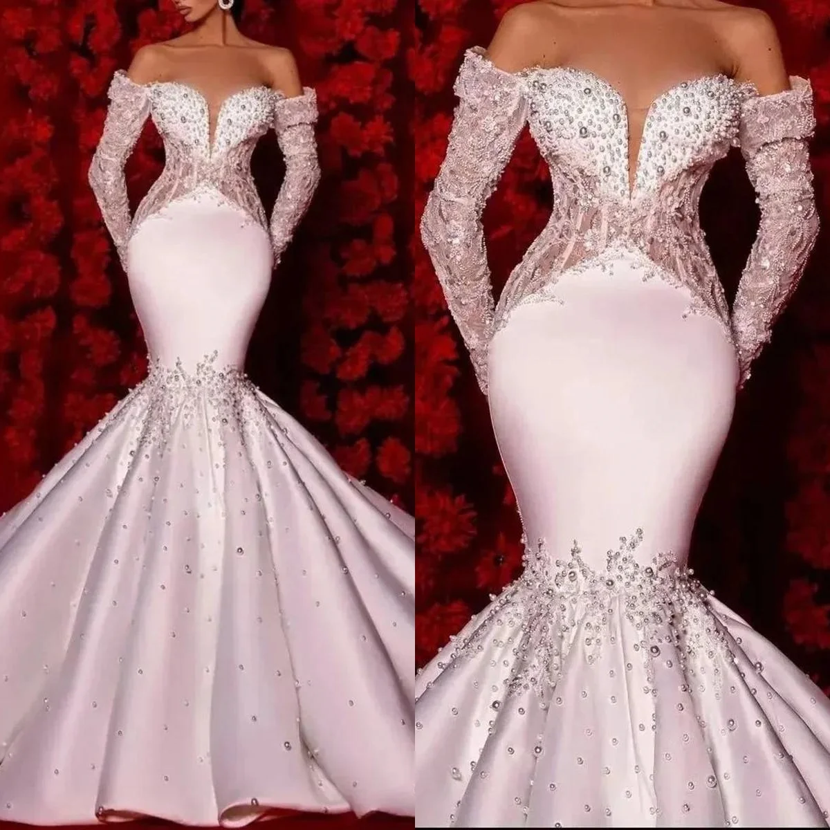 

Luxury Mermaid Wedding Dress Off Shoulder Pearls Long Sleeves Bride Gowns Sweep Train Bridal Dresses Custom Made