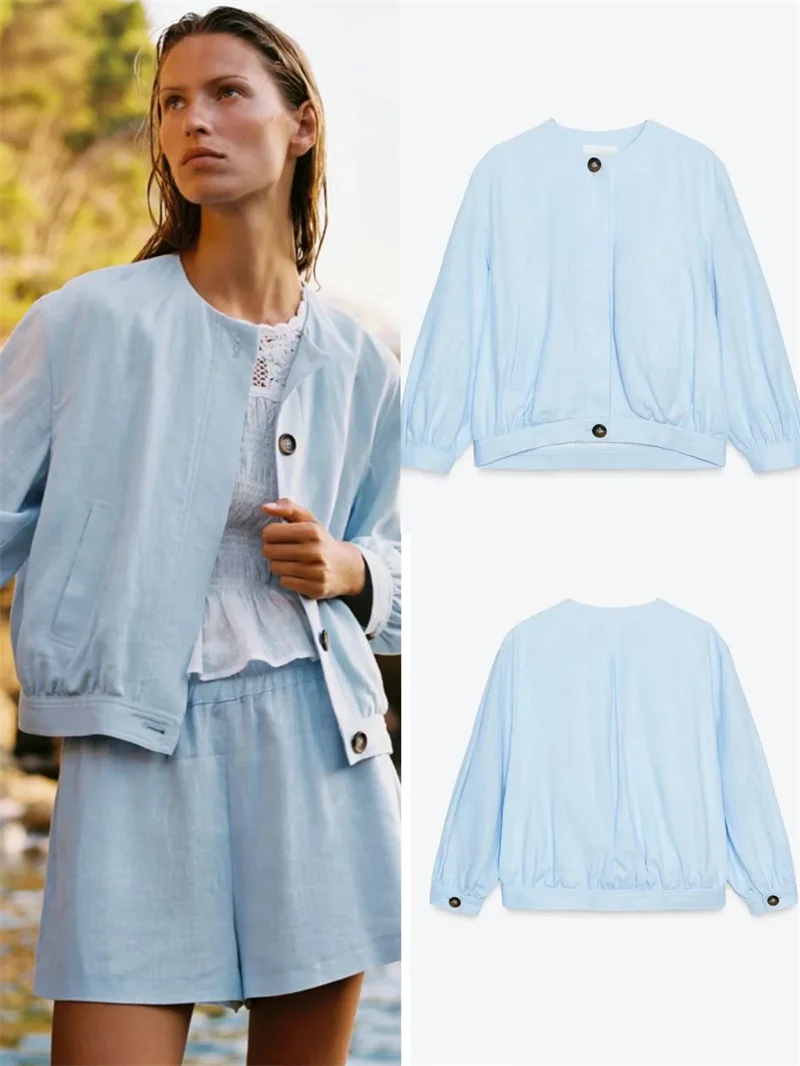 

New Summer Women's Faion Linen Blend Long Sve Pilot Jaet Outerwear Simple Sli Commute Sle Regular Fit Button up