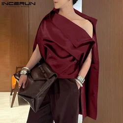 INCERUN Men Long Sleeve Shirts 2024 Casual Solid Color Loose Blouses Off-The-Shoulder Design Tops Deconstruction Elegant Tunics