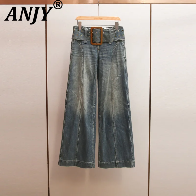 

ANJY Spring Autumn New Women Tide Washed Distressed Sashes Casual Slim Denim Pants Chic Vintage Versatile Wide Leg Jeans A20599