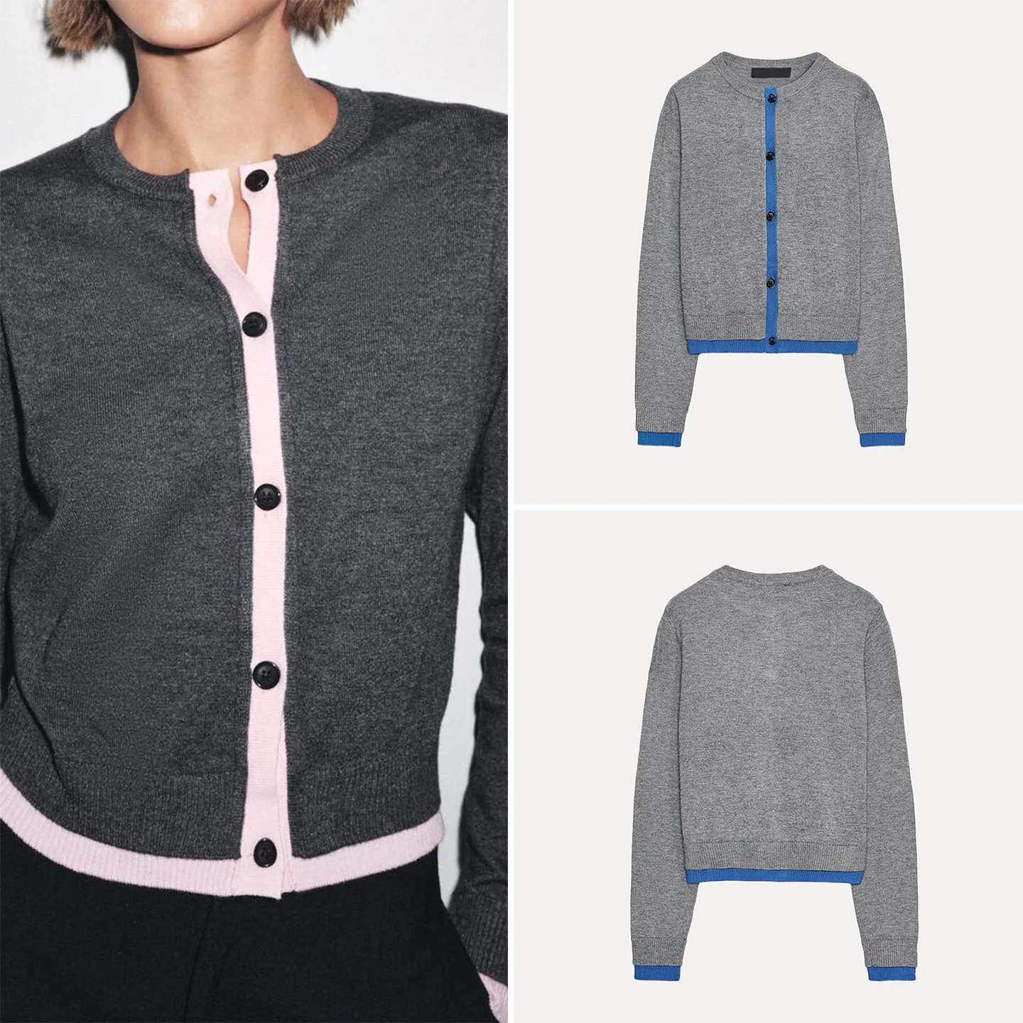 Damski dzianinowy kardigan z okrągłym dekoltem, zapinany na guziki, z łączonych materiałów, o swobodnym kroju, o długości do kolan, odzież wierzchnia.