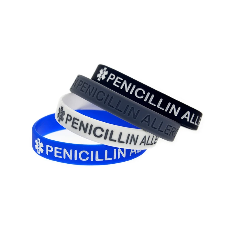 50 Stück medizinische Armbänder zur Identifizierung von Allergien gegen PENICILLIN, aus Silikonkautschuk, Erwachsenengröße, 4 Farben. – Detail 1