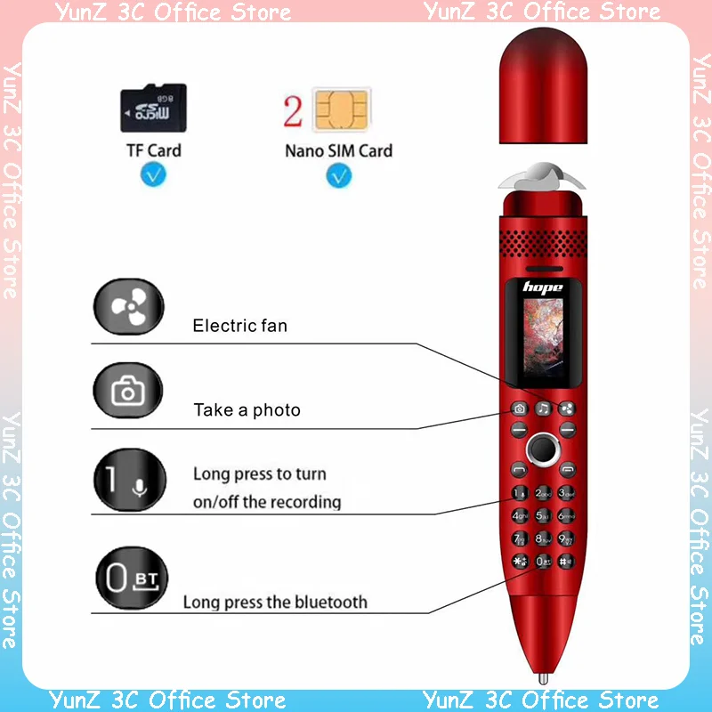 Ak008 Pen Type Mini Mobile Phone 0.96 Inch Screen GSM Bluetooth Camera Flashlight Dialer With Voice Recording Pen With fan ﻿