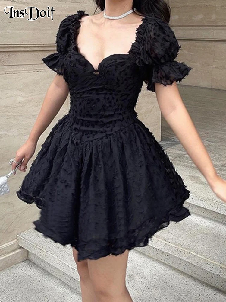 

InsDoit Gothic Lolita Corset Dress Womens Puff Sleeve Summer Party High Waist Dark Ball Gown Punk Aesthetic V-neck Mini Dresses