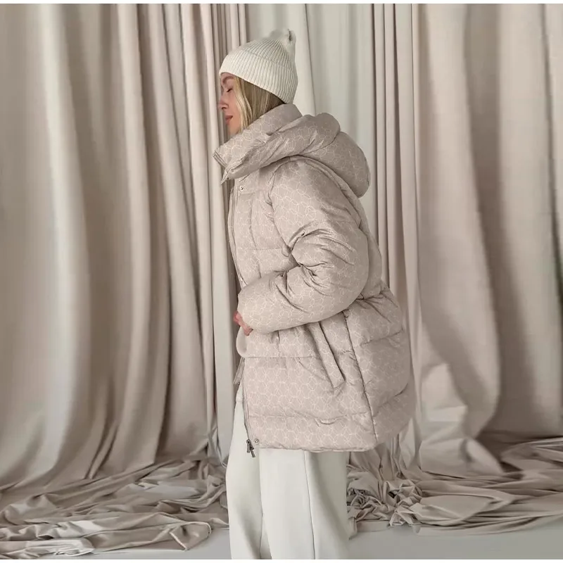 Upgraded Thickened Allover Printed Mid Length Padded Coat Stand Collar Drawstring Waist Windproof 2026 Winter Women Outer Jacket