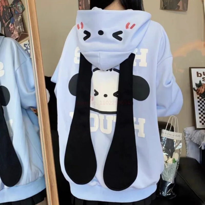 2023 new Sanrio Pochacco Cute Anime Long Ears Cardigan Hooded Hoodie Women\'s Winter New Loose Sweet Zip Up Coat Christmas gifts