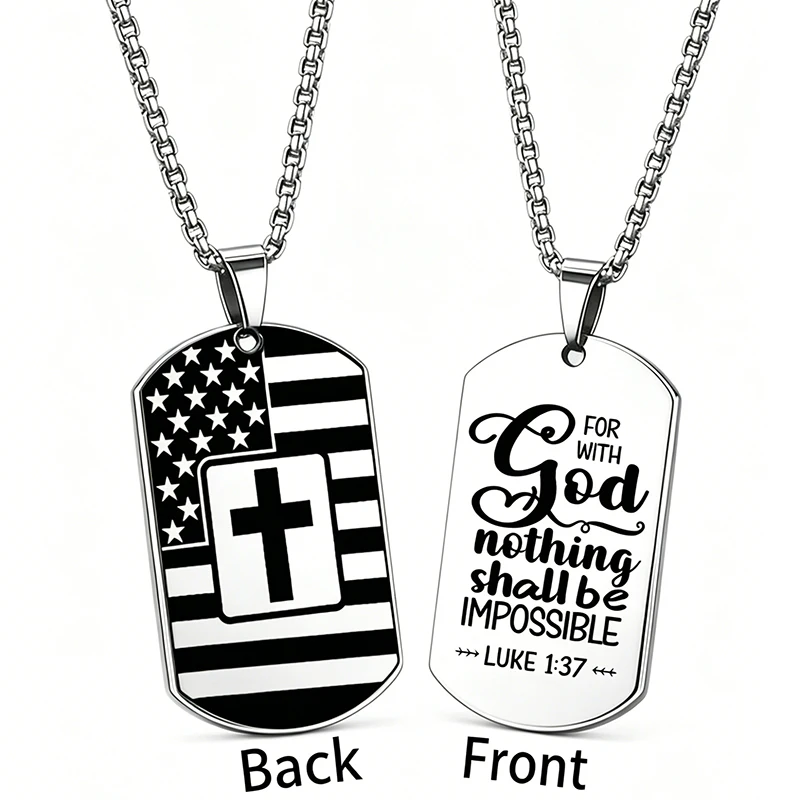 Edelstahl Christliche Militär-Hundemarken-Halskette US-Flagge Kreuz-Anhänger Bibelspruch Religiöses Geschenk Schmuck für Männer