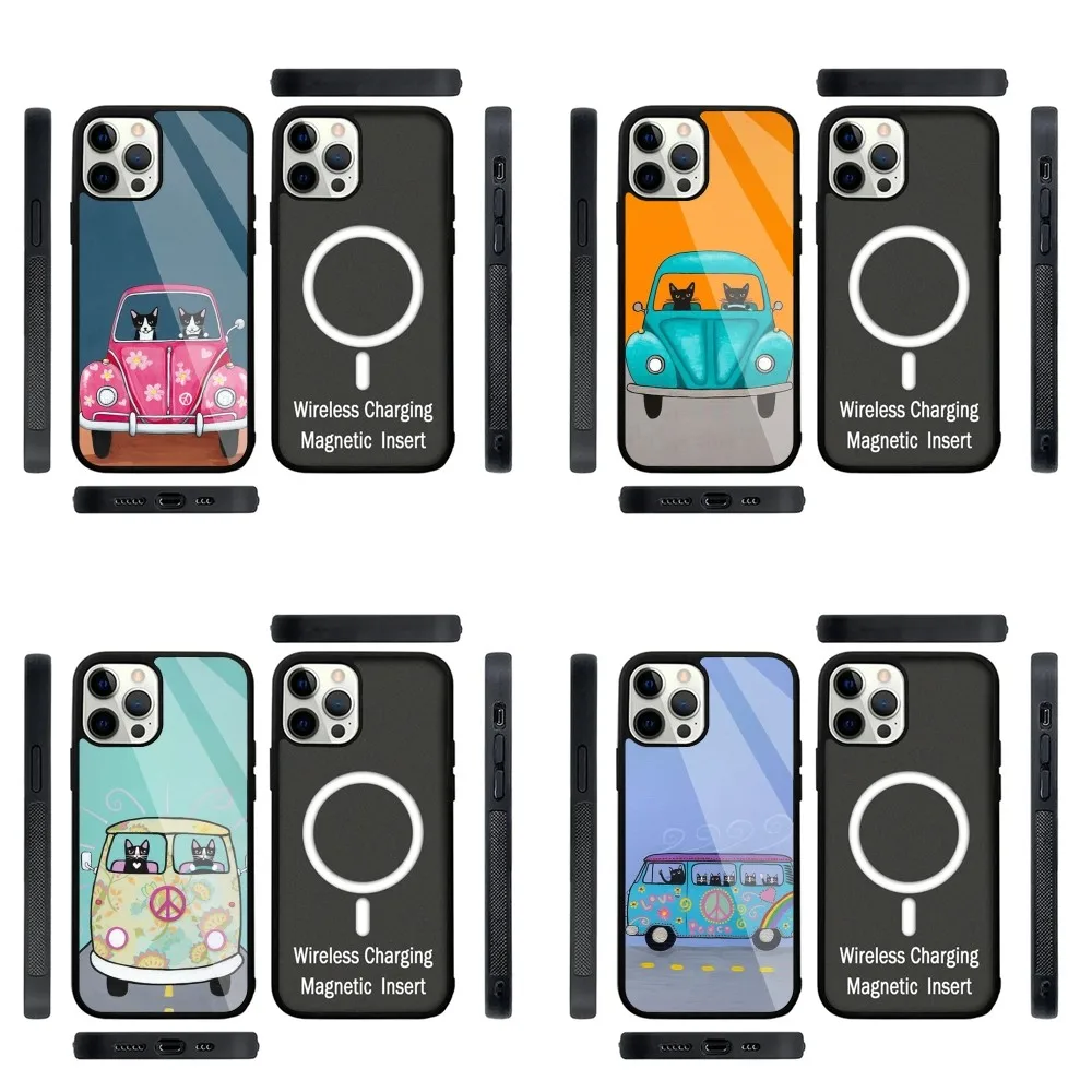 

Hippy Peace Bus Cat Phone Case Strong Magnetic For IPhone 15,14,13,Pro,Max,Plus,11,12,Mini For Magsafe Wireless Charging