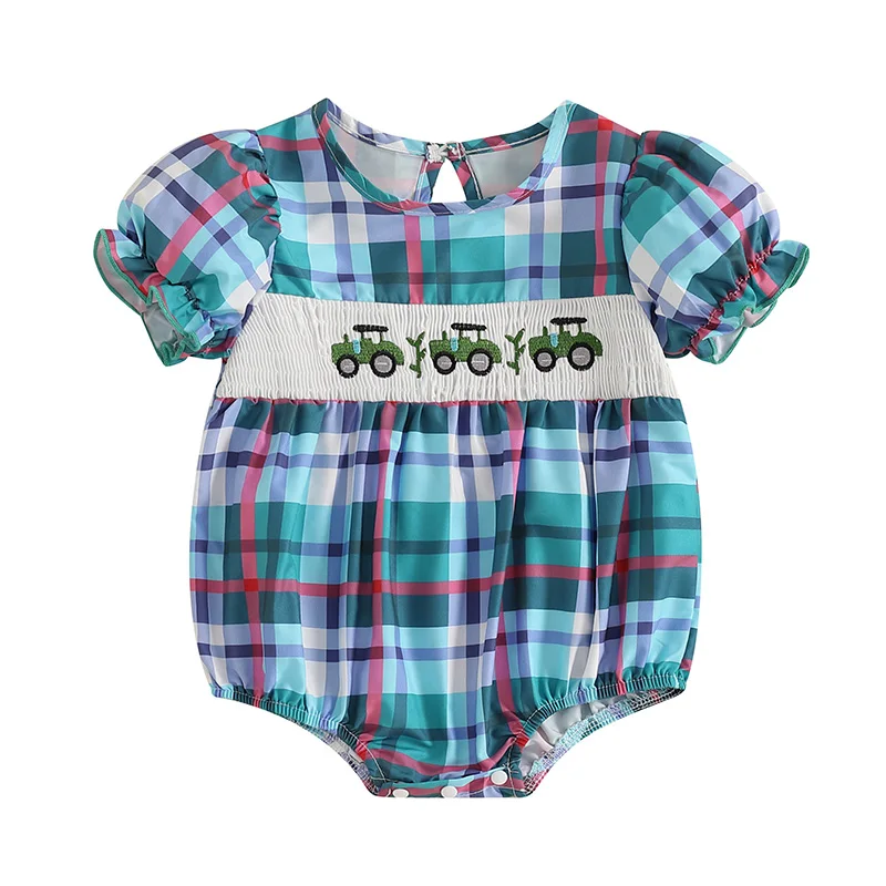 Newborn Baby Boys Girls Romper Crew Neck Short Sleeve Tractor Embroidery Plaid Bodysuit Infant Playsuit 0-18 Months