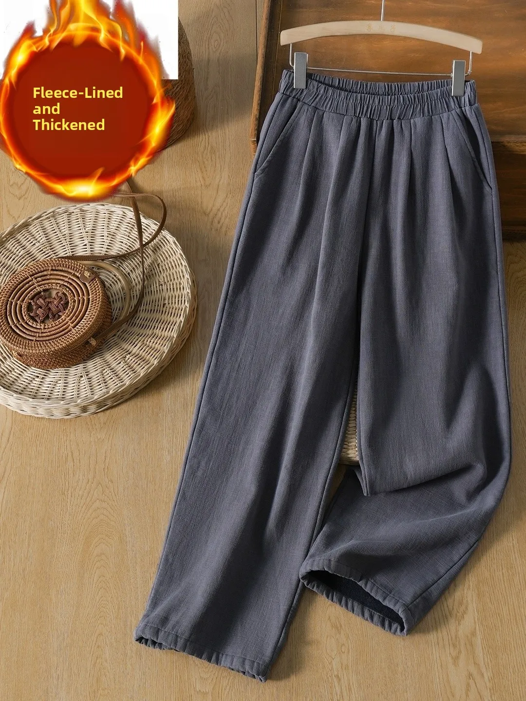 

Winter Thiened Wide Leg Cotton Linen Trousers Warm Casual Straight Cut plus Size Women's Retro Artistic Pants