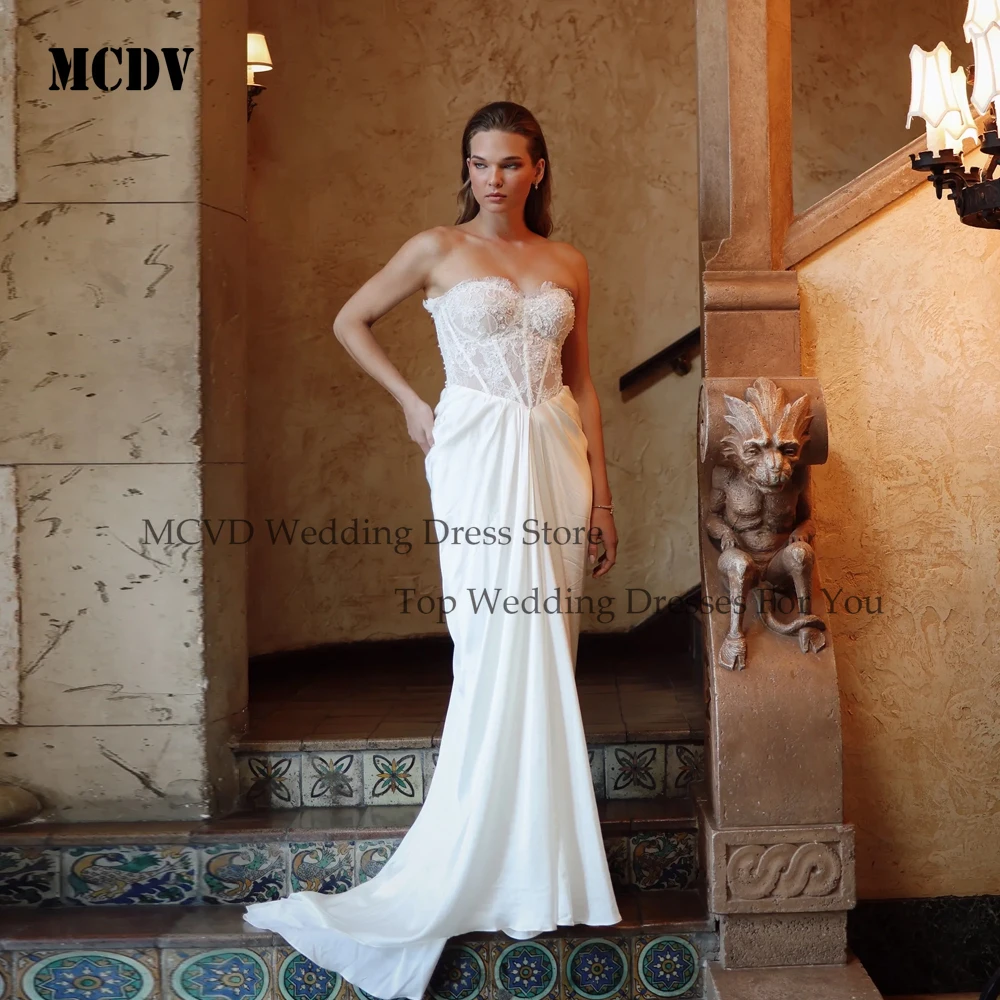 

MCDV Satin Wedding Dresses Bridal Sweetheart Mermaid Bridal Gowns Lace Appliques Zipper Back Vestido De Novia Boda Customized