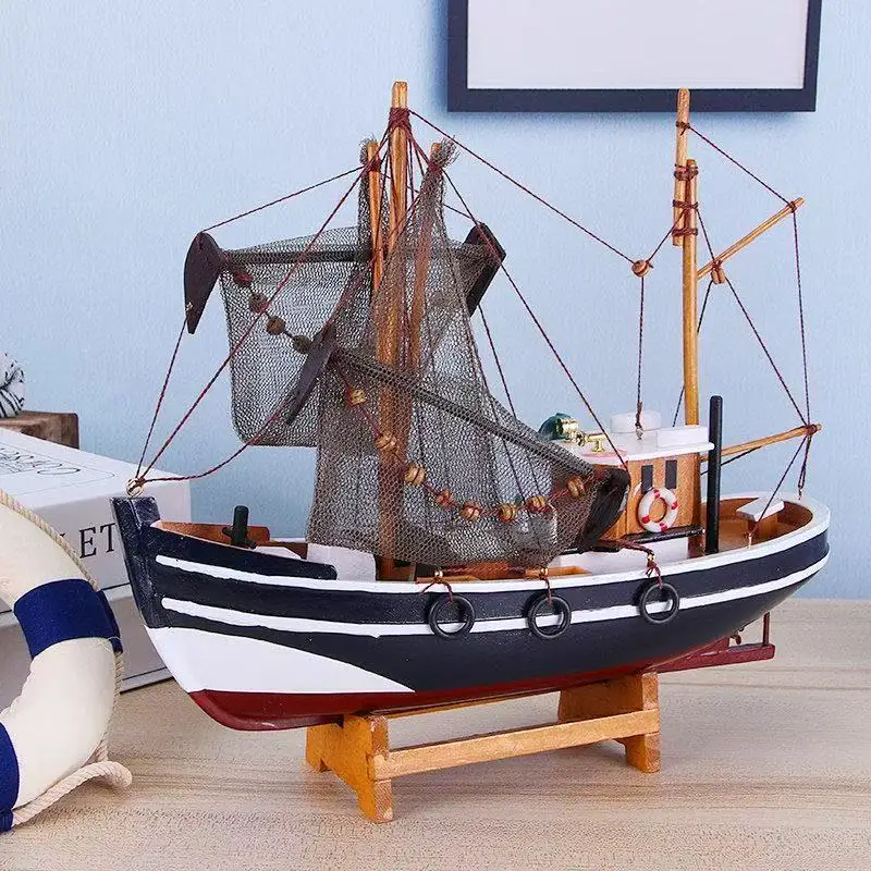 Blue Wooden Fishing Boat Sailing Model Home Decoration 27 X30x9.5 cm Gift for Children and Adults