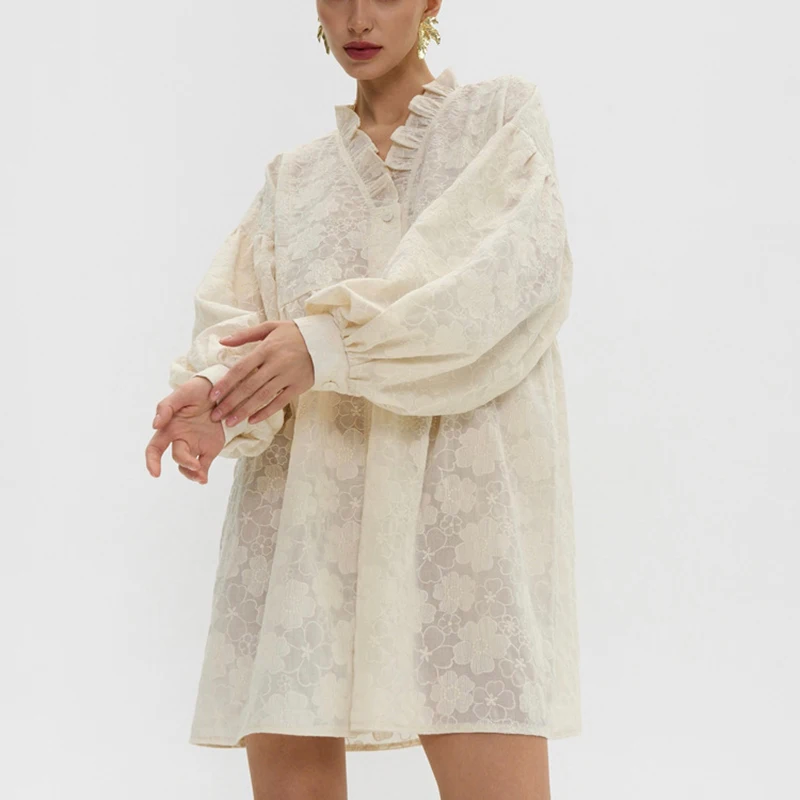 Dolce camicia jacquard abito manica lunga volant scollo a V donna mini abito sexy manica a sbuffo abito corto ampio monopetto