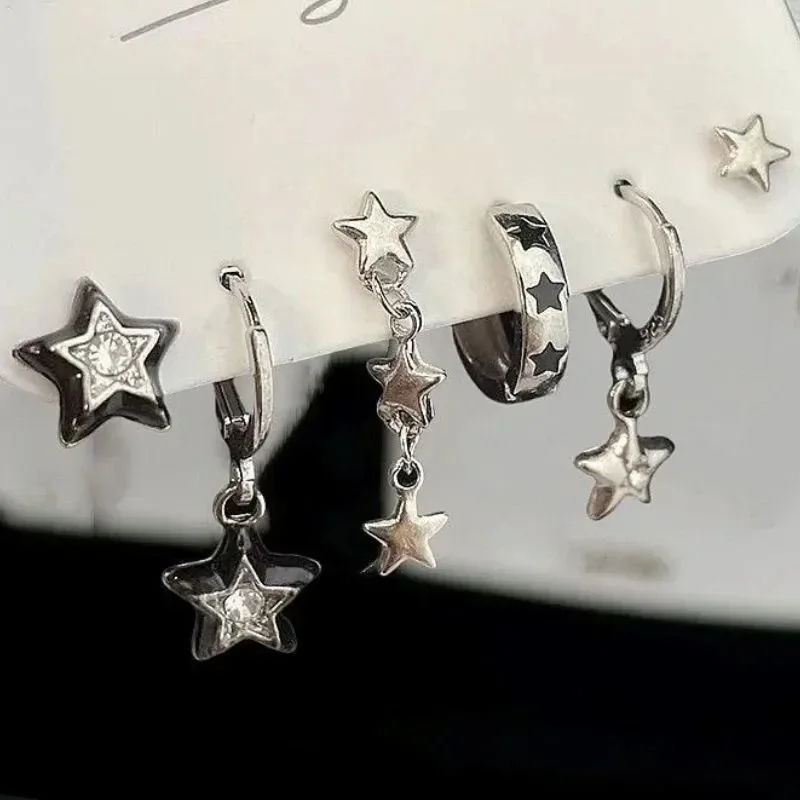 

6PCS Y2K Punk Pink Butterfly Crystal Star Moon Pendant Earring Set For Women Men Gothic Vintage Aesthetic Jewelry Accessories