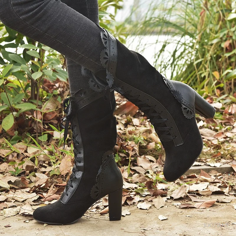 Fashion Plus Size Women's Ankle Boots Vintage Brown Pointed Toe Chunky Heel Lace Trim Slim Fit Mid-calf Boots Women Suede Shoes
