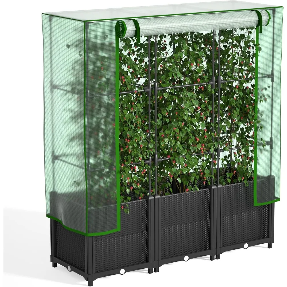 

48'' x 16'' x 55.5'' Plastic Raised Garden Bed with Greenhouse Cover and Trellis, Vertical Tomato Planters for Climbing Plants,