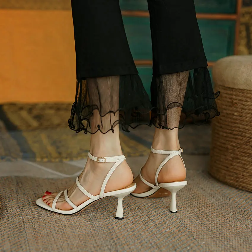 QUTAA 2023 Summer Women Sandals Elegant Thin High Heels Pumps Shoes Woman Microfiber Round Toe Ankle Strap Party Office Lady