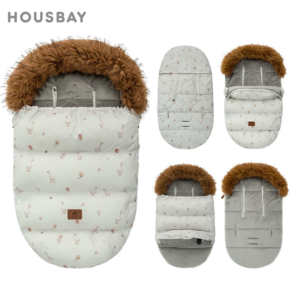 

0-24 Months Stroller Baby Footmuff Light Grey Balloon Goose For Boys Girls Winter Outside Warm Thick Fur Collar Windproof