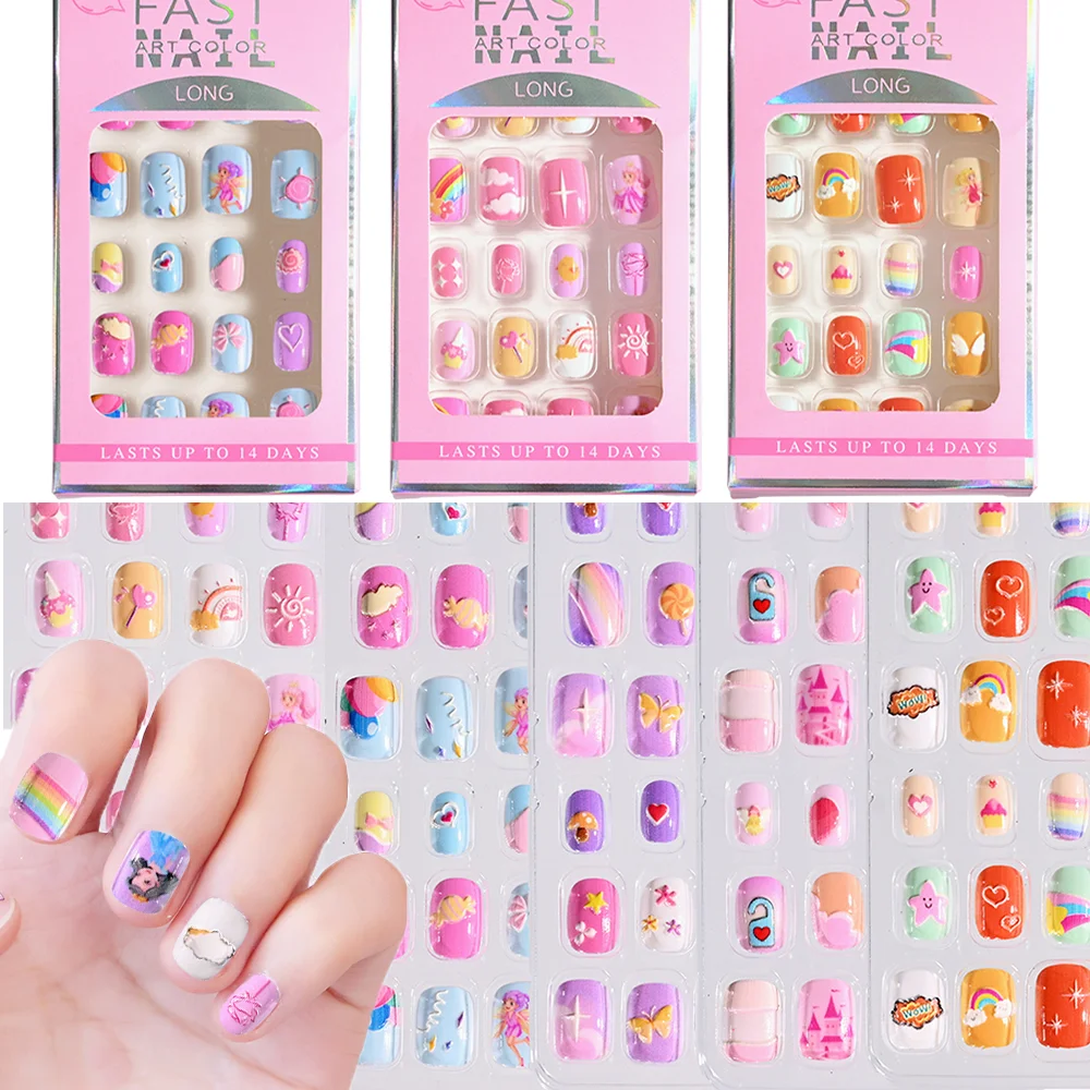 24pcs/Box Children Cartoon Fake Nails Colorful Cute Girl Nail Tips With Jelly Glue Adhesive Pink/Purple Children DIY False Nails
