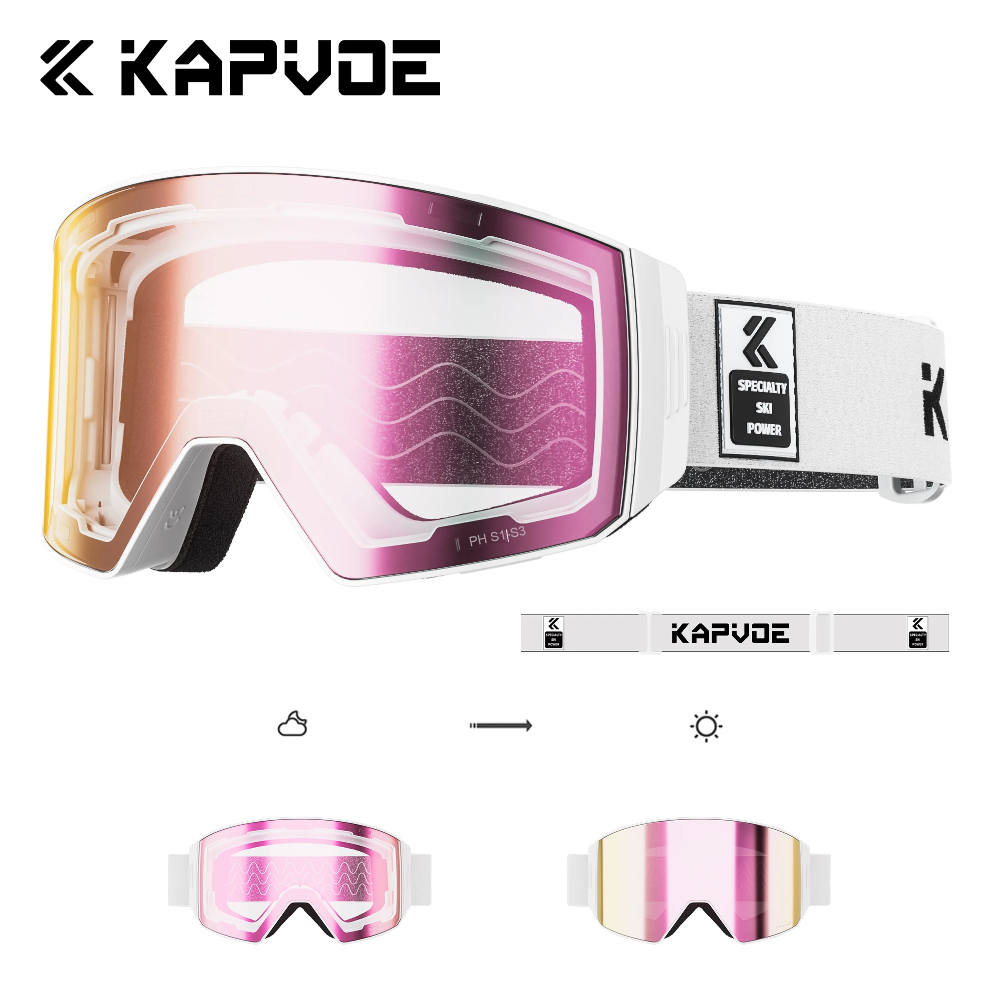Kapvoe Photochromic Ski Sunglasses Snow Goggles Magnetic Anti-Fog Lenses UV400 Protection Men Women Ski Goggles Sports Eyewear