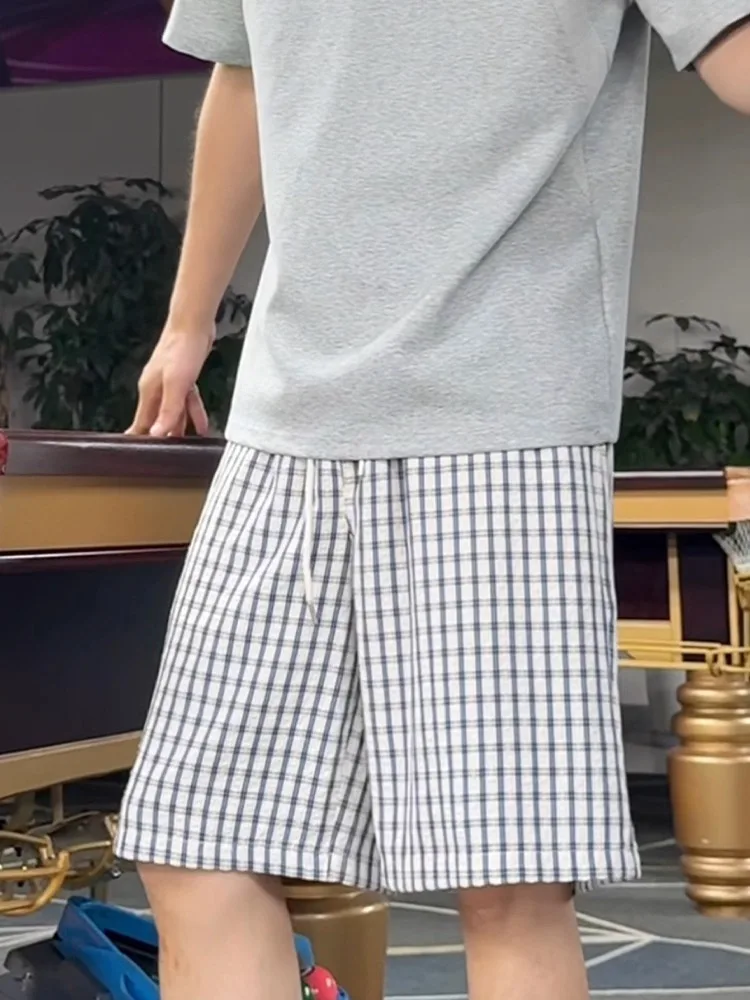 

Blue Plaid Bubble Cloth Men's orts Summer Thin Waist Head Patch Design Straight Leg Wide Leg Five orts Casual Loose Fit
