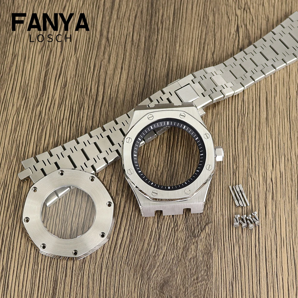 Fanyalosch For Stainless Steel Brushed 41mm Octagon Watch Case Bracelet Glass Back Black Chapter Ring Sapphire Fit NH35 NH36 72