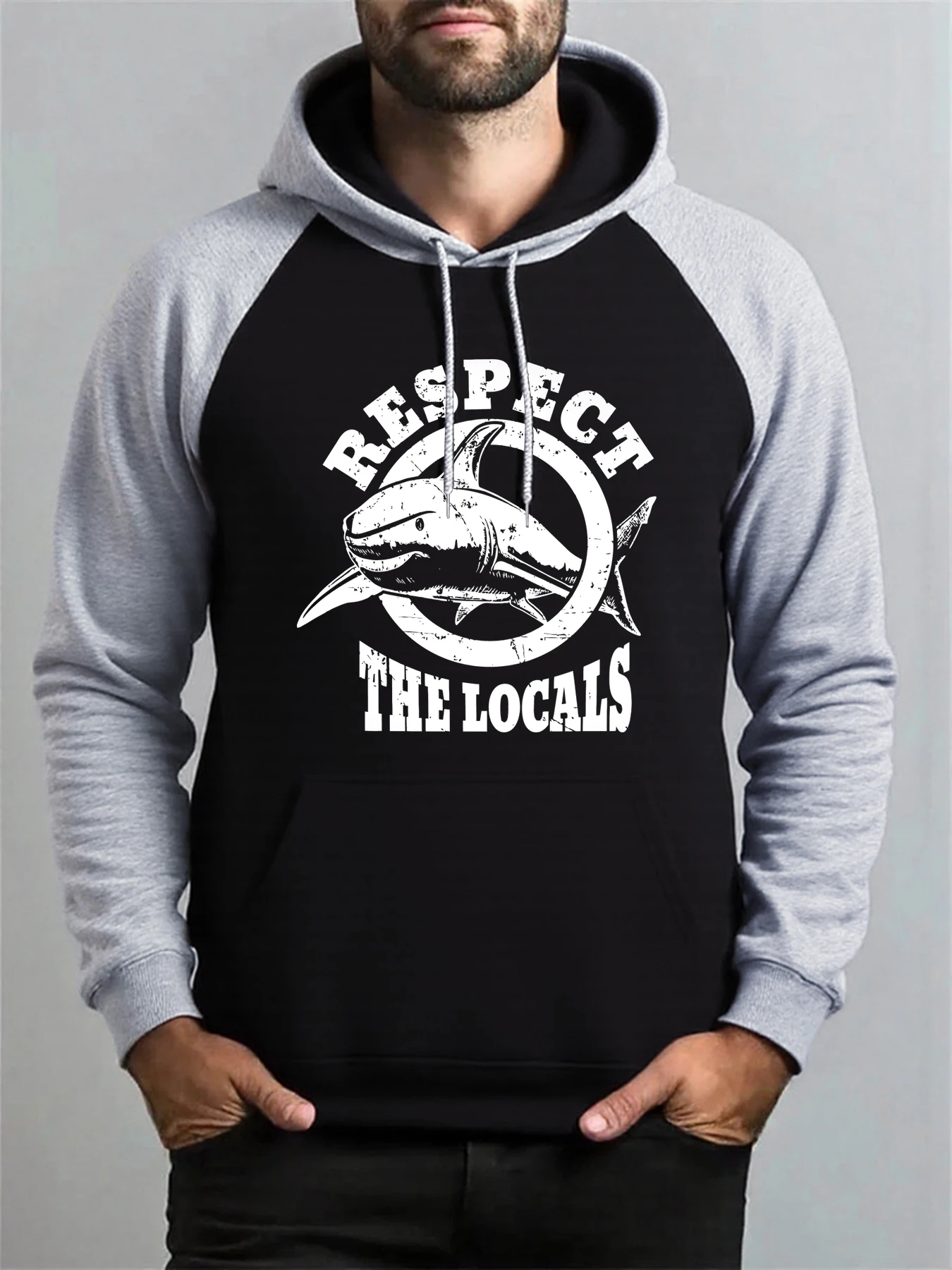 

Bespect The Locals Shark Printing Men Raglan Hoodies Multicolor Fleece Pullover Y2K Pocket Hoody Autumn Fashion Streetwear