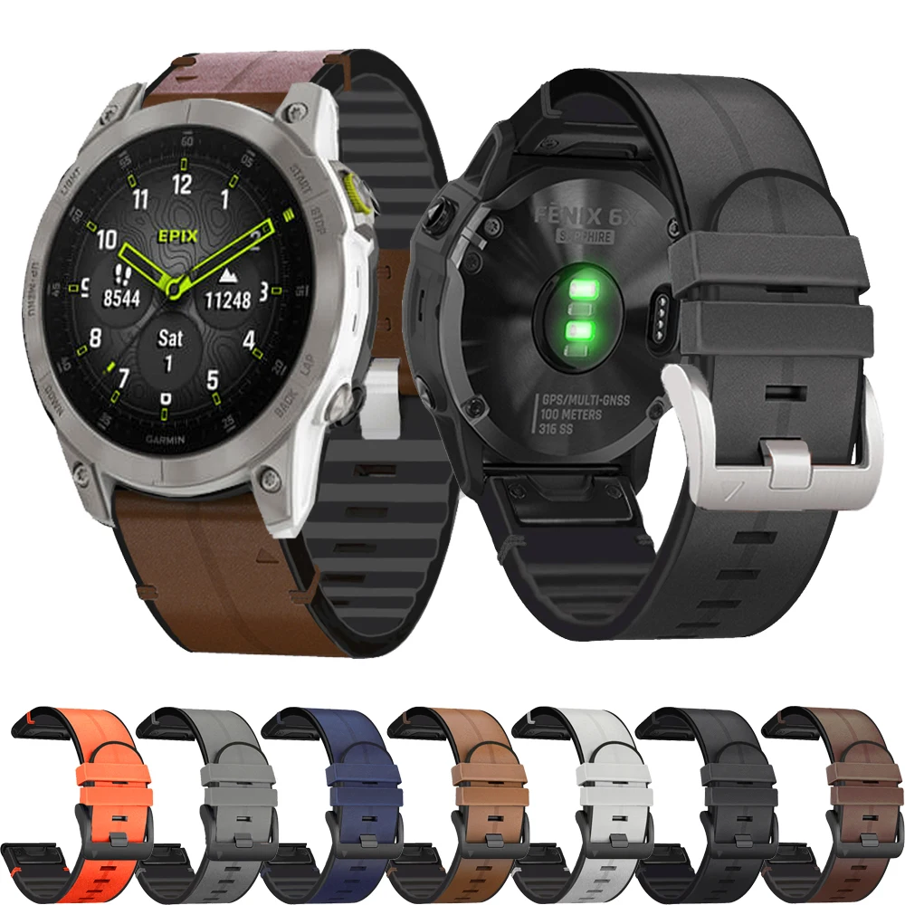 QuickFit 26mm 22mm Smartwatch Silicone Leather Band For Garmin Fenix 8 47mm 51mm E 7 7X/Epix Pro/6 6X 5 5X Plus/Enduro 3Bracelet