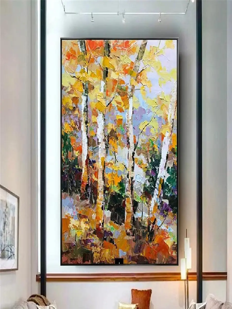 لوحة زيتية حديثة على شكل شجرة البتولا ، قماش سكين سميك مصنوع يدويًا ، فن جداري لغرفة المعيشة ، أحدث ديكور منزلي ، بيكتو