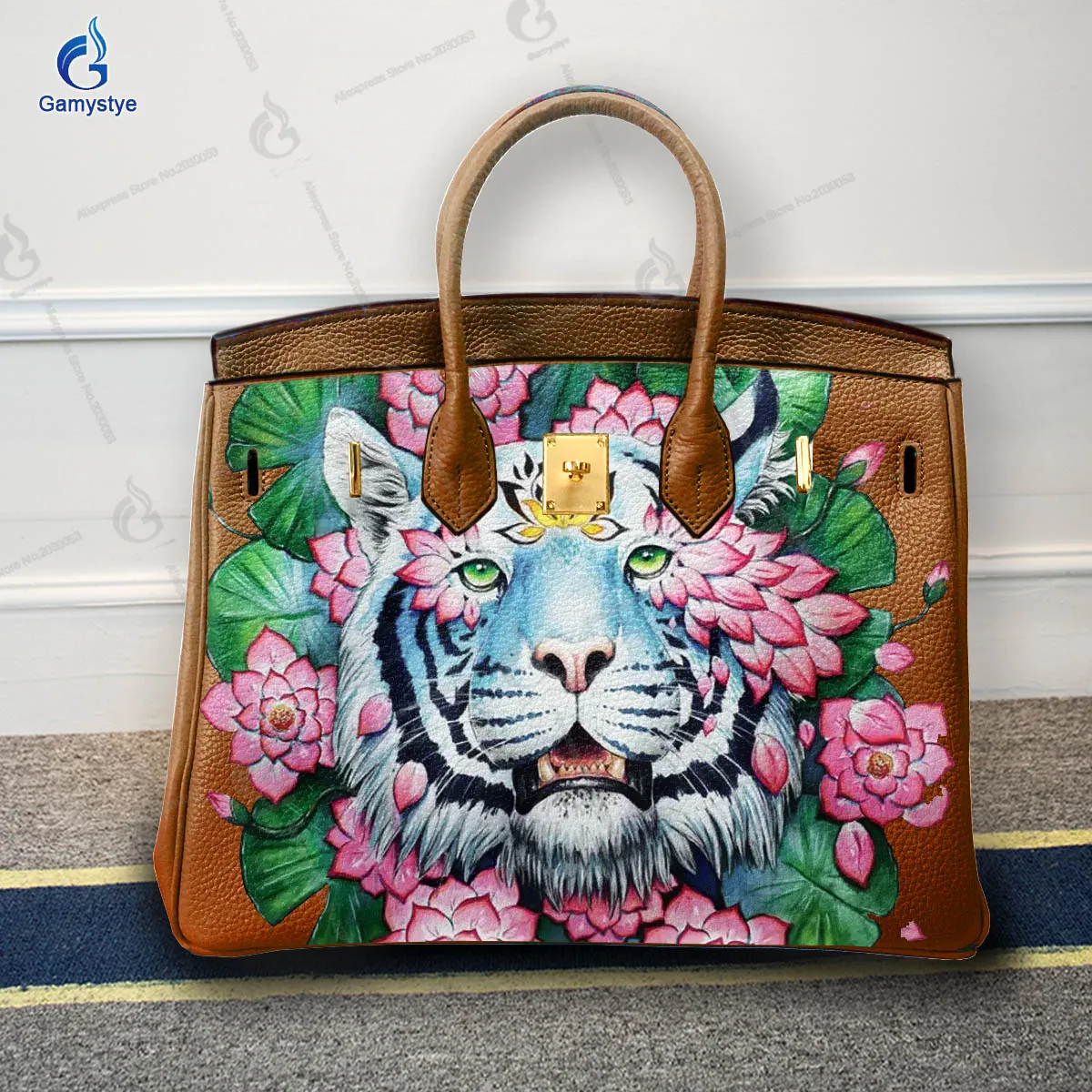 Personalizar bolso Art Hand Painted Flowers and tigers Bag For women Handbags Designer Shoulder Bag Genuine Leather Big Capacity