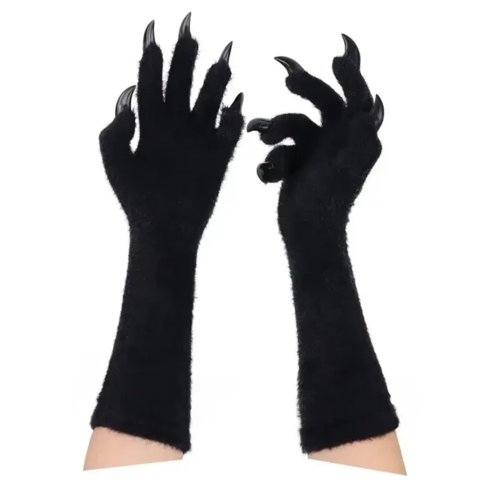 Creative Full Finger Paws Gloves Furry Long Nail Animal Claw Gloves Solid Color Long Warm Mittens Halloween Costume Accessories
