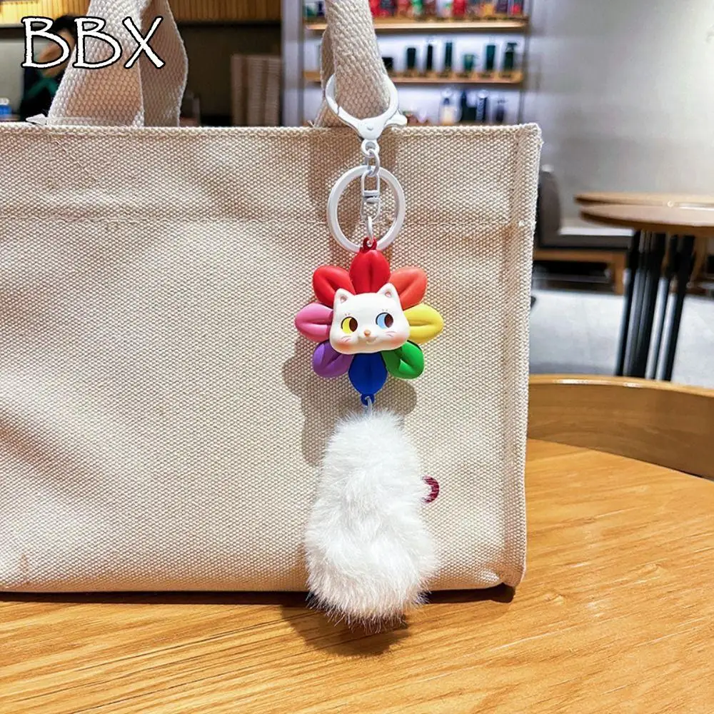 

Portable Rotatable Cat Keychain with Fur Balls Cartoon Car Keyring Good Luck PVC Bag Accessories Women