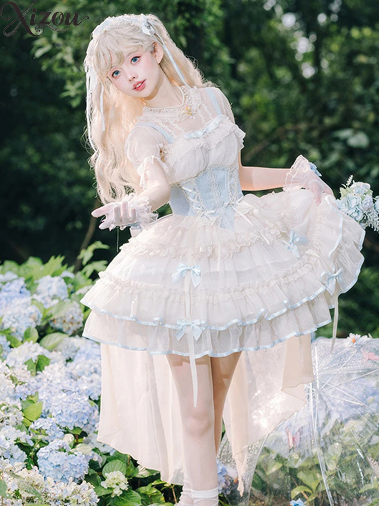 Lolita Princess Style Short Suspender Dress Femme Cute Sweet JSK Above Knee Mini Kawaii Elegant Dresses for Women Summer