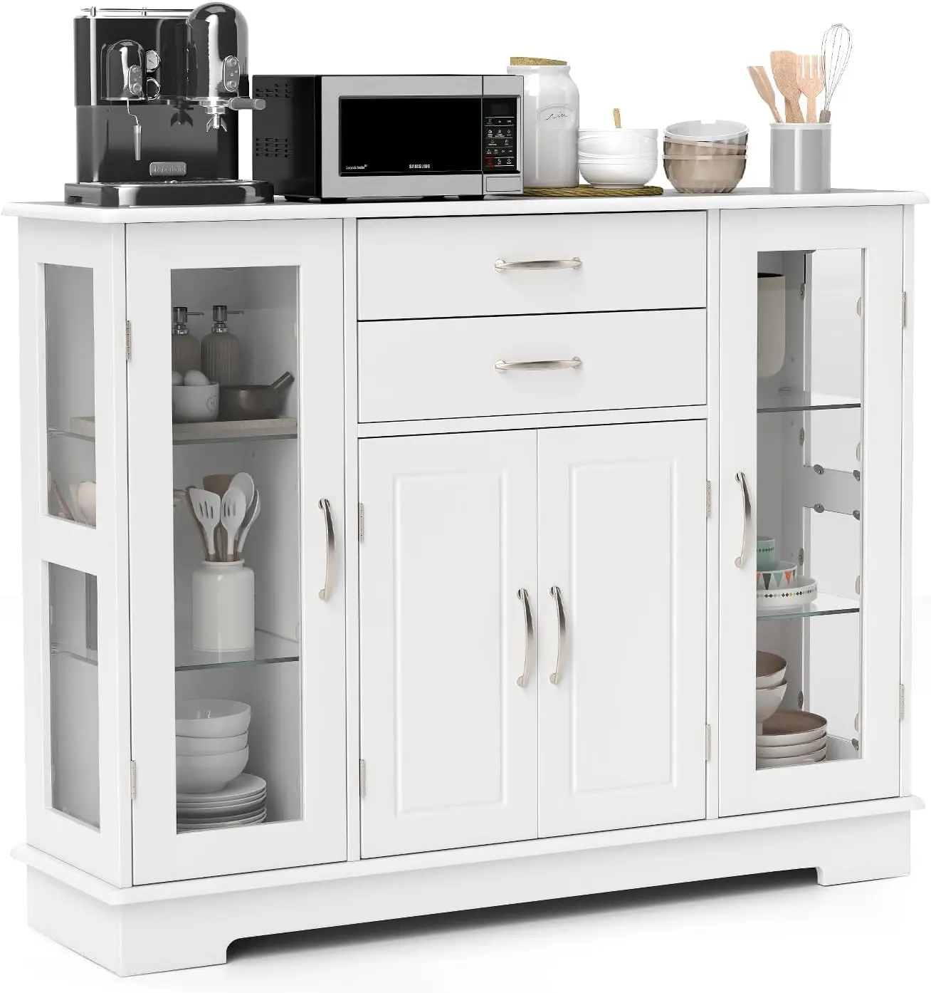 Buffet Cabinet with Storage, Kitchen Sideboard with Tempered Glass Doors, 2 Drawers Adjustable Shelves Credenzas for Living Room