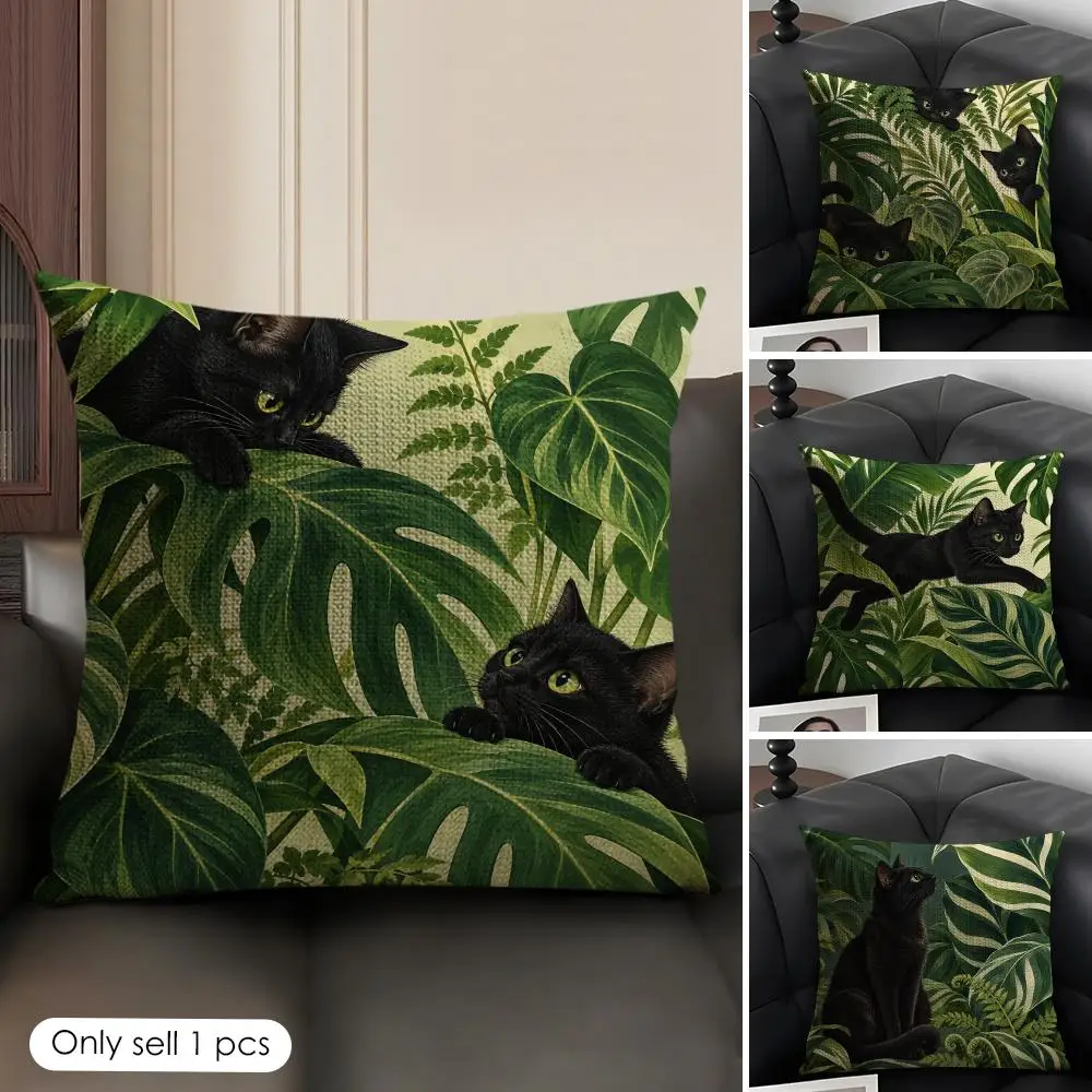 Peekaboo Black Cats Tropical Leaves Cushion Cover Skin-Friendly Organic Linen Pillow Cover Durable Hypoallergenic Washable Soft