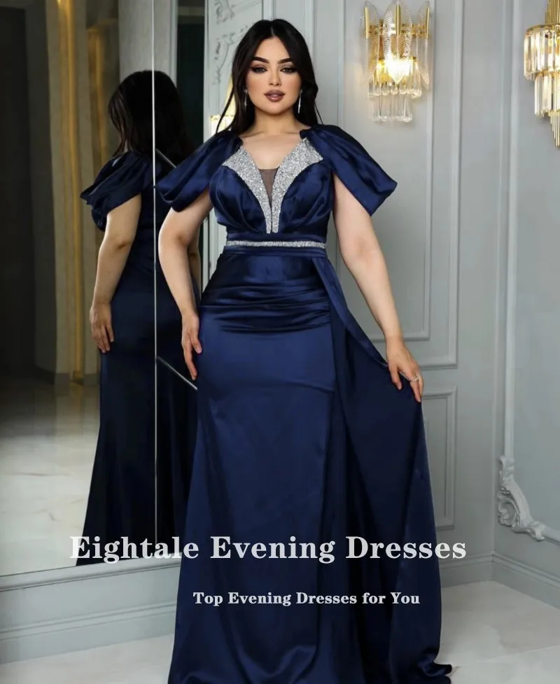 Eightale Navy Blue Evening Dress Beaded Mermaid Prom Wedding  Party Gown Arabic Satin Belt Customized Robe De Soiree