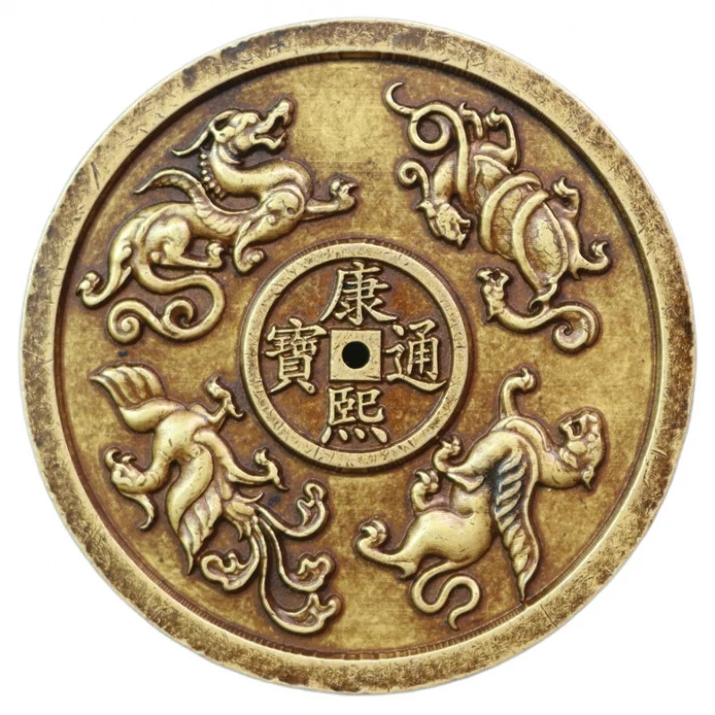 Solid Brass Four Divine Beasts (Green Dragon, White Tiger, Red Bird, Black Tortoise) Round Thickened Five Emperors Copper Coin R
