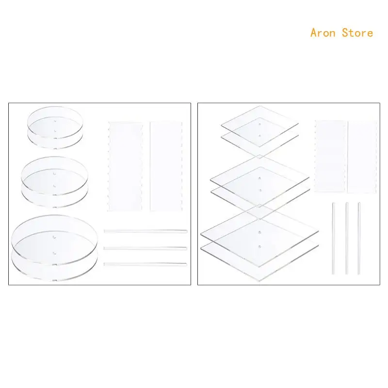 

11 Pieces Acrylic Round/Square Cake Disk Set Circle Base Boards with Center Hole Pillar Comb Scrapers Dowel Rod Butter Cake H3CF