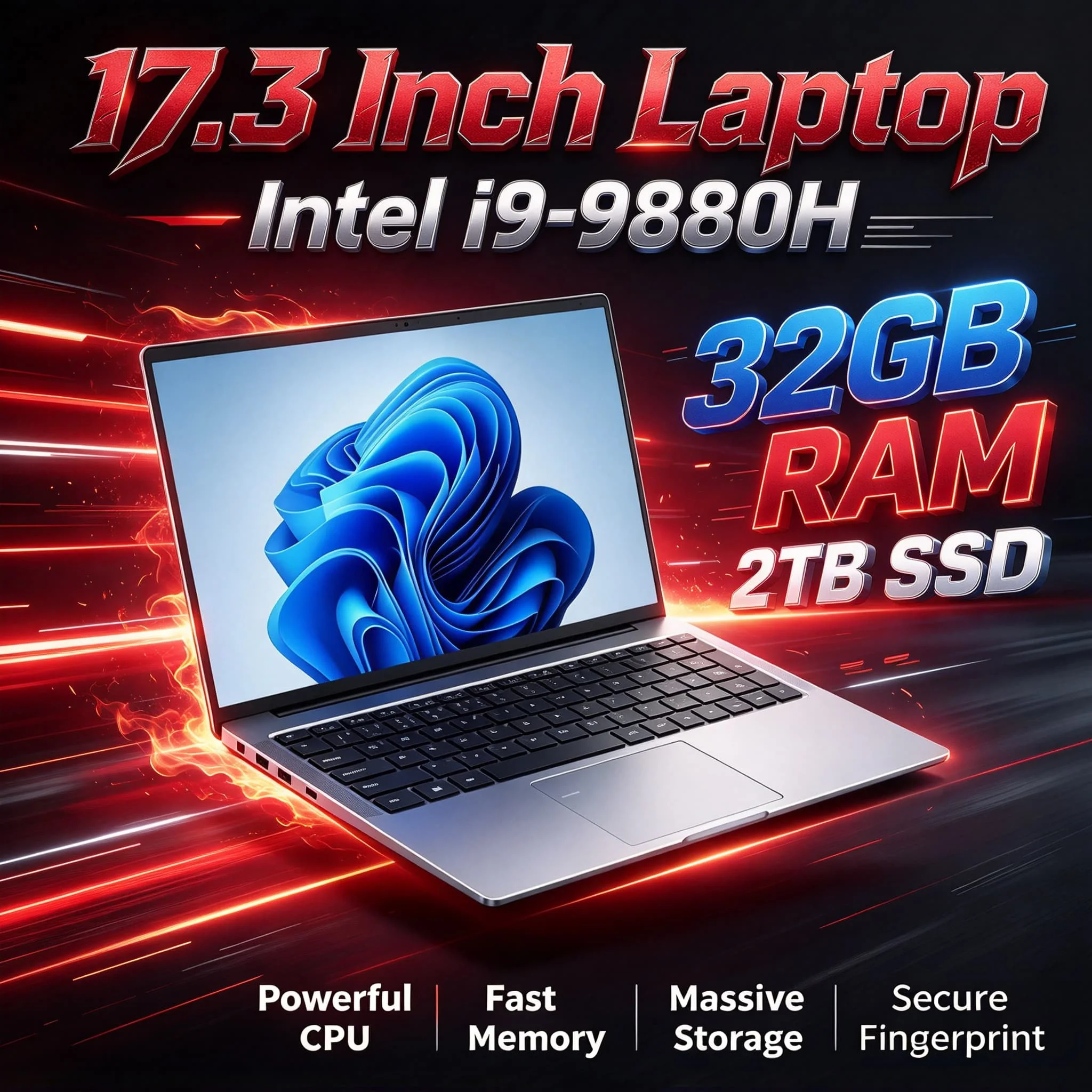 17.3 Inch Full Size Gaming Work Pro Laptop Intel Core i9 9880H 32GB RAM 2TB SSD Fingerprint Unlock Immersive FHD Screen Notebook