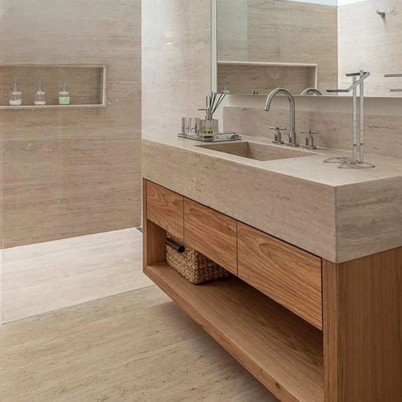 

Retro solid wood log color travertine rock slab bathroom wash basin pool cabinet combination